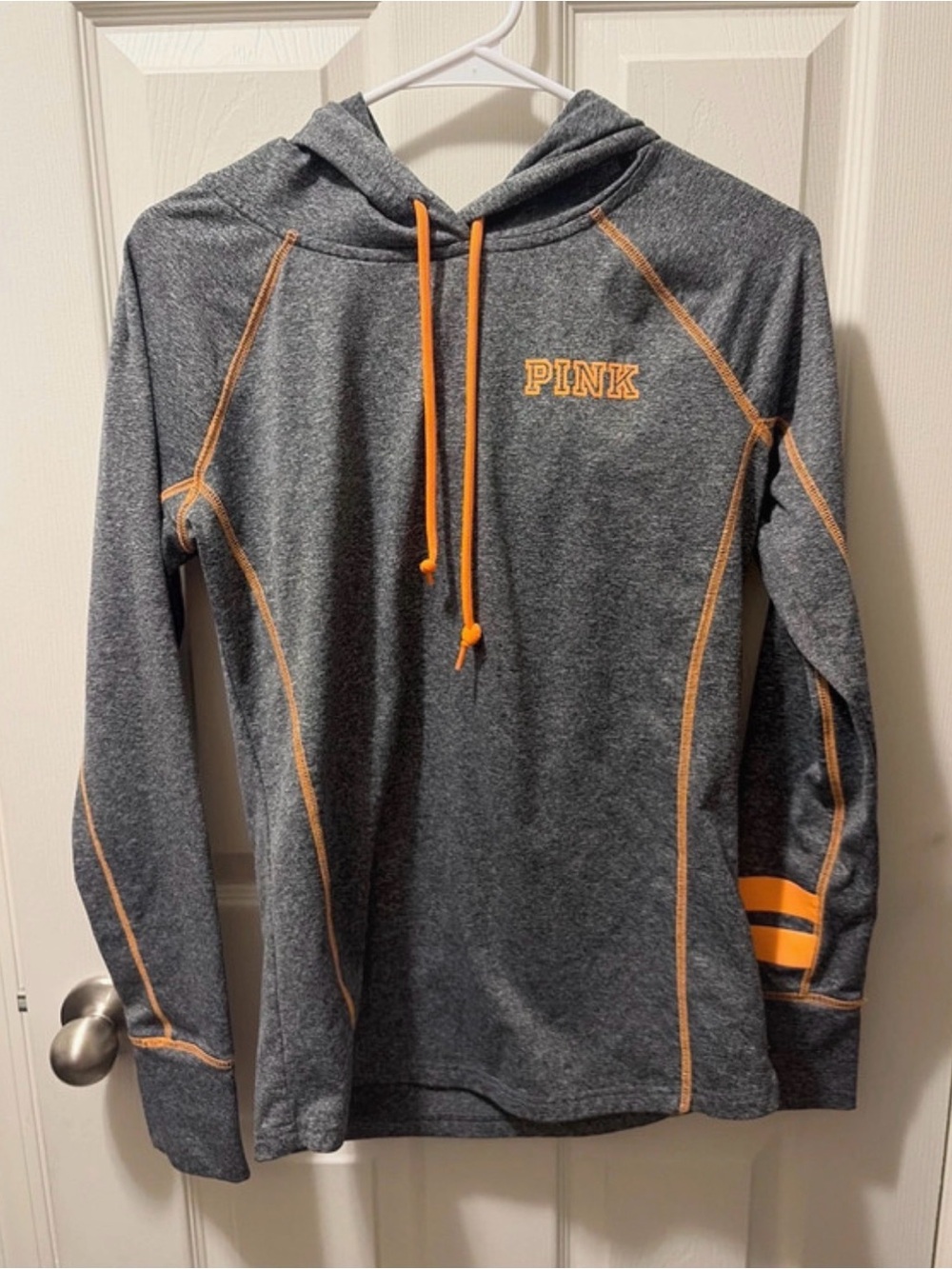 NWOT PINK Victoria's Secret Gray Hoodie with Orange Trim size M.